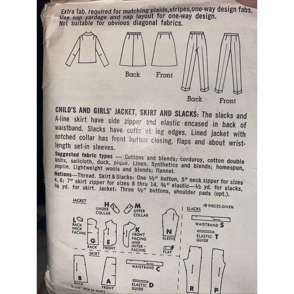 Vintage 1965 Simplicity 6762 Girls Outfit Sewing Pattern Jacket Skirt Slacks 12
